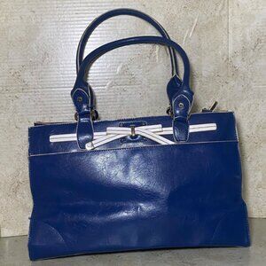 Vtg Liz Claiborne Blue Faux Leather Handbag With White Accent Bow & Dual Handles
